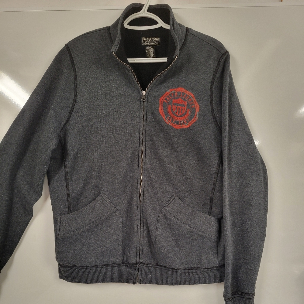Ralph Lauren Dark Gray Zip-Up Slick Casual Sweater with Red Crest Logo, XL